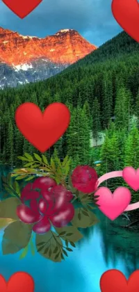 Looking for a beautiful and serene live wallpaper for your phone? Check out this stunning digital art creation! With a mountain forest in the background, a body of water at the center, and a variety of colorful hearts floating throughout, this wallpaper offers a calming and joyful visual experience