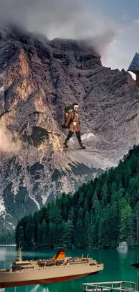 This phone live wallpaper showcases a picturesque mountain landscape, featuring a man soaring over a serene lake and rustic log houses on hills