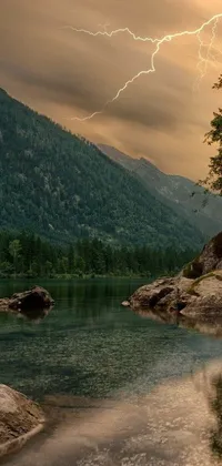 This live wallpaper features a scenic body of water with a mountain backdrop