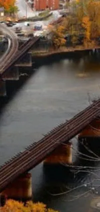 Enjoy a mesmerizing live wallpaper of a train crossing a bridge above a serene river