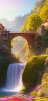 This phone live wallpaper features a stunning matte painting of a waterfall and bridge in a fantastical scene