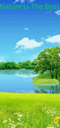 This live wallpaper for your phone portrays a serene green field with blooming flowers and a calm lake as a background