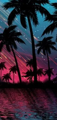 This live wallpaper showcases a vector art depiction of a tropical sunset, complete with palm trees and stars shining brightly