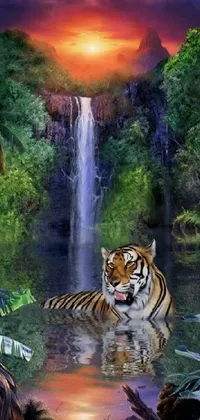 This live wallpaper showcases a stunning scene featuring a tiger in water close to a waterfall in a jungle setting