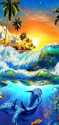 This phone live wallpaper features a stunning airbrush painting of dolphins swimming in the ocean