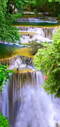 This phone live wallpaper features a photorealistic painting of a serene waterfall surrounded by lush green forests