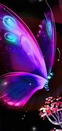 This stunning live wallpaper features a purple butterfly sitting on a flower in neon colors