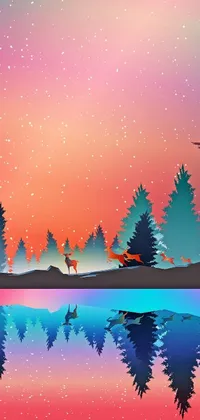 This stunning live wallpaper for your phone features a charming and realistic scene of two animals standing in the water, rendered in a colorful vector art style