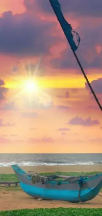 Check out this stunning mobile live wallpaper featuring a peaceful sandy beach scene with a blue boat and god rays in the backdrop