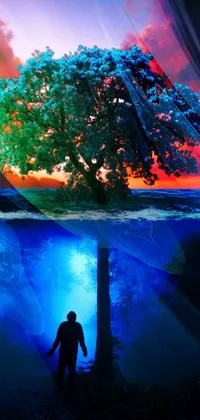 This phone live wallpaper features psychedelic digital art with a man standing beside a tree amidst blue and green light reflections inside a water landscape