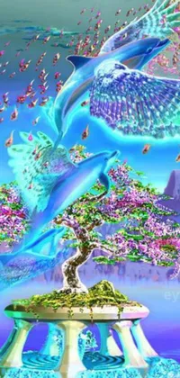 This stunning phone live wallpaper features a digital rendering of a psychedelic bird painting flying over a beautiful blue and pink bonsai tree