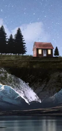 This stunning phone live wallpaper depicts a small house atop a mountain on a starry night