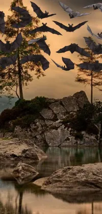 This stunning live wallpaper features a captivating scene of surrealism with a flock of bats flying over a serene body of water