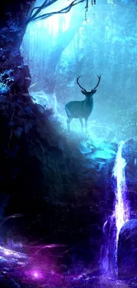 This captivating phone live wallpaper showcases a stunning digital art of a deer situated beside a gushing waterfall in a lush forest