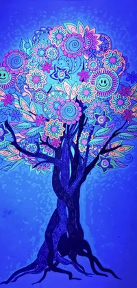 Looking for a lively and intricate live wallpaper for your phone? Check out this blacklight reactive psychedelic art design! Featuring a vibrant explosion of colors, a happy and tangle tree with intertwined ents, all set against a deep blue background