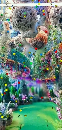 This phone live wallpaper shows a digitally rendered garden filled with colorful flowers