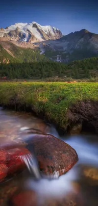 This phone live wallpaper features a picturesque stream flowing through a lush green field next to a grand mountain