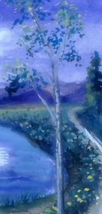 This live phone wallpaper features a stunning acrylic painting of a road near a body of water in soft blue moonlight