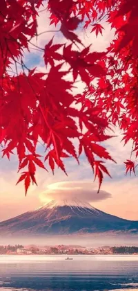This live wallpaper for your phone features a stunning mountain landscape with beautiful red leaves, in a striking red and white color theme