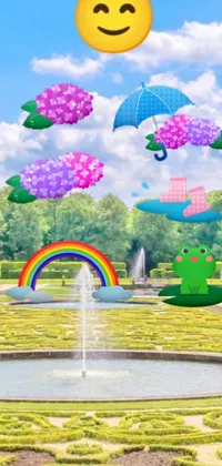This mobile live wallpaper shows a digital garden with a vibrant fountain