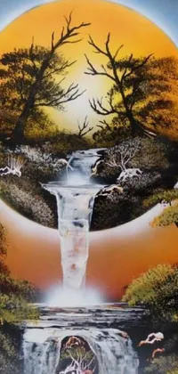 This stunning phone live wallpaper features a captivating airbrush painting of an Asian waterfall detoured by trees and a mystical forest illuminated by the moon