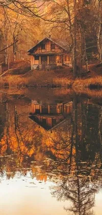 This live wallpaper depicts a quaint cabin perched above a serene lake, encompassed by trees with vibrant autumn leaves