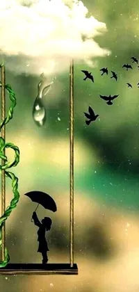 This live phone wallpaper depicts a surrealistic scene with a person sitting on a swing holding an umbrella