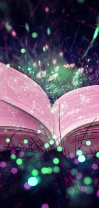 This magical phone live wallpaper depicts an open book resting on a lush green field