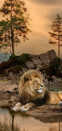 This stunning live wallpaper for your mobile phone features a majestic lion lounging on a rock beside a peaceful body of water in a forest setting