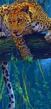 This live wallpaper showcases a stunning painting of a resting leopard on a tree branch, sure to add a touch of elegance to your phone