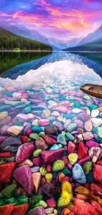If you're looking for a stunning live wallpaper for your phone, this hyperrealistic painting of a boat on a colorful lake might just be what you need