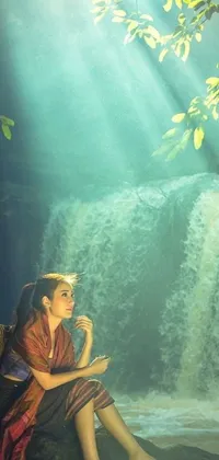 This stunning phone live wallpaper features an exquisite painting of a poised woman in traditional attire sitting in front of a gushing waterfall