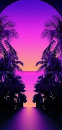 This live wallpaper showcases a stunning purple sunset with palm trees in the foreground, created using digital art techniques