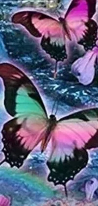 This stunning live wallpaper features a group of beautiful butterflies resting on a lush green field