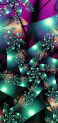 This vibrant live wallpaper features a computer-generated image of mesmerizing fractal gems, teal lights, and nebulous bouquets in a stunning digital art landscape