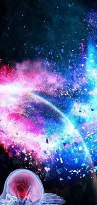 This vivid phone live wallpaper boasts digital art featuring a close-up view of a human head against a spectacular galaxy backdrop