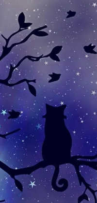 This live phone wallpaper showcases a sleek black cat sitting on a tree branch against a mesmerizing starry sky backdrop