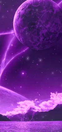 This live phone wallpaper is cosmic-themed, featuring an image of a purple planet