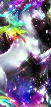 Get lost in a fantastical world with this phone live wallpaper featuring a unicorn flying through a galaxy filled with glittering stars