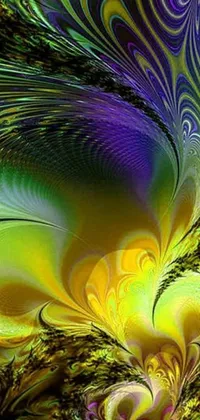 This phone live wallpaper is a computer-generated image featuring mesmerizing, colorful swirls of abstract art in gold, green, purple, black, and yellow hues