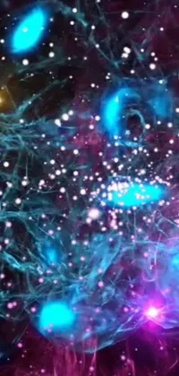 This phone live wallpaper features mesmerizing blue and pink lights set against a black background, a hologram, vibrant space art, and a stunning nebula