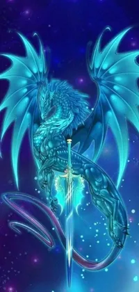 This stunning live wallpaper for your phone features a majestic blue dragon perched atop a sword