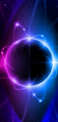 This live wallpaper showcases a beautiful digital art creation of a black hole in space surrounded by stars, featuring a dark sun with a purple eclipse and a blue neon light