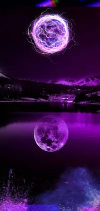 This live wallpaper features a stunning digital art image of a full moon in shades of purple and black with a neon atmosphere