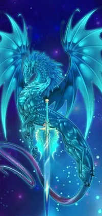 Introducing a fascinating phone live wallpaper with a stunning blue dragon perched on top of a sword