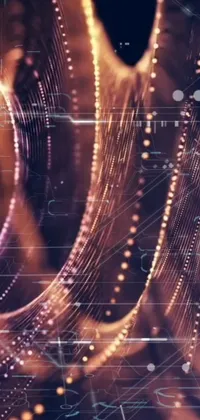 This live wallpaper showcases digital art of a hand holding a cell phone with golden curve structures, dots, and a cyber copper spiral decoration