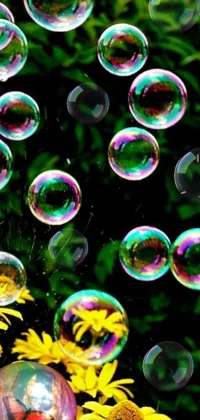 This live phone wallpaper showcases soap bubbles floating on green fields, providing a serene and whimsical backdrop for your screen