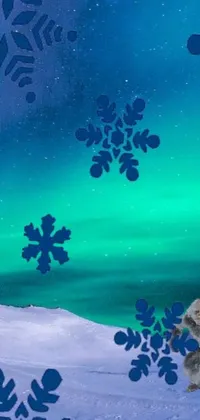 This phone live wallpaper showcases a dog standing in the snow with northern lights in the background