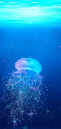 This stunning phone live wallpaper features a mesmerizing jellyfish floating effortlessly atop gentle waters