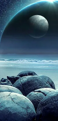 Looking for a mesmerizing live wallpaper for your phone? Look no further than this futuristic image featuring a captivating beach scene set against a backdrop of space
